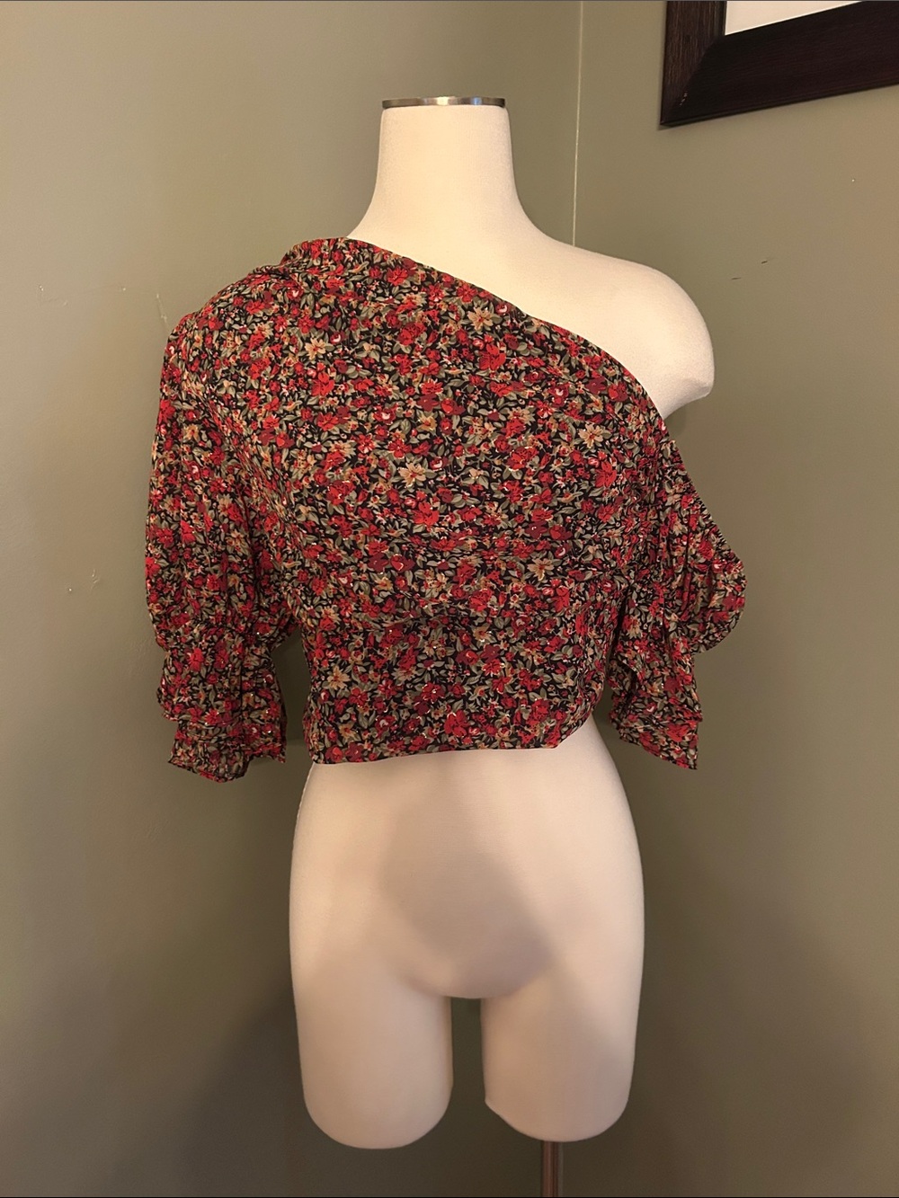 SHEIN One-Shoulder Red Floral Crop Top